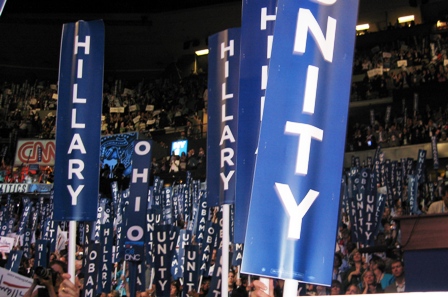 The Unity signs, with either Hillary or Obama on one side and unity on the other